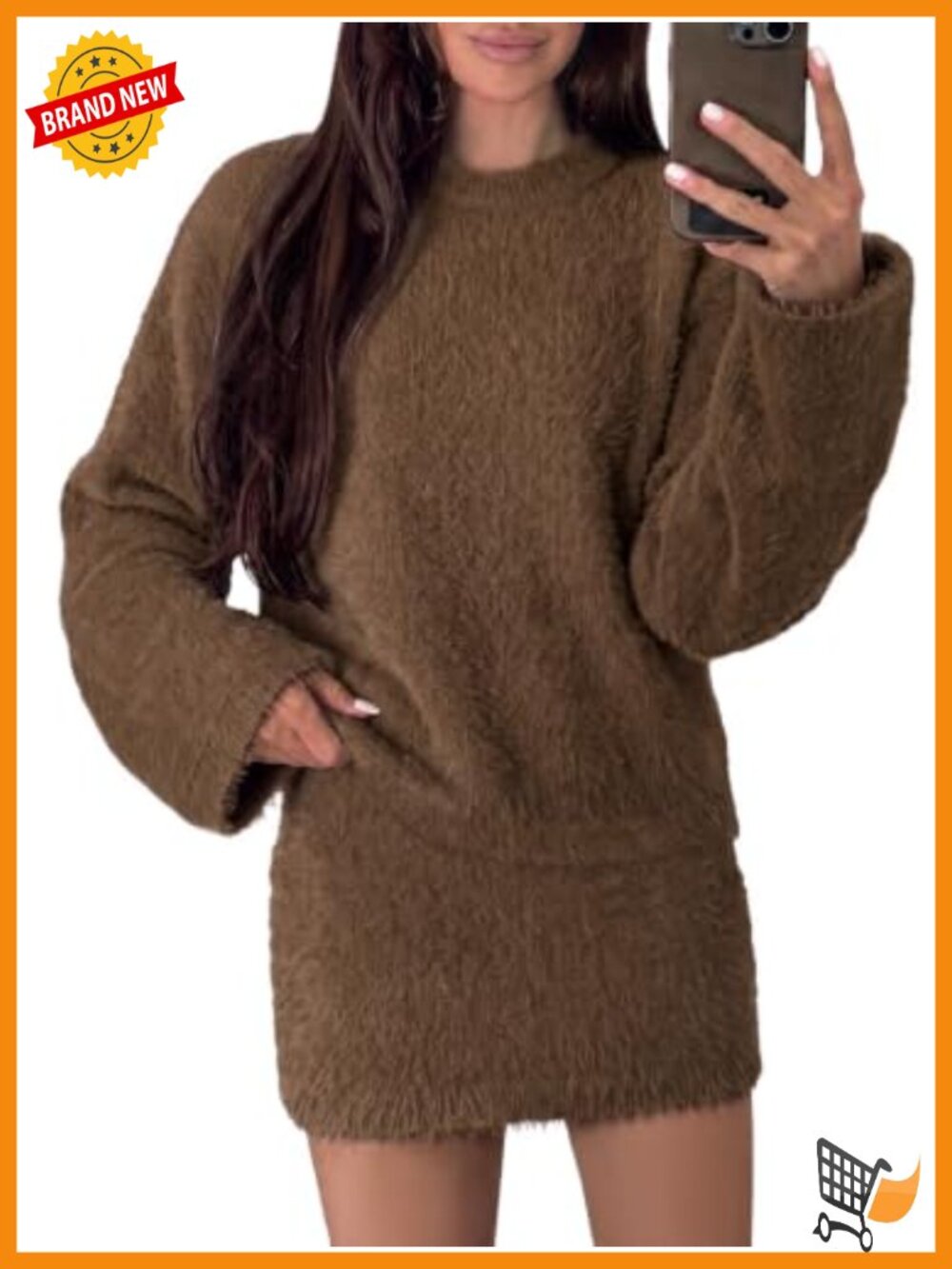 Fuzzy 2 Piece Sweater Skirt Set Long Sleeve Pullover Mini Skirt